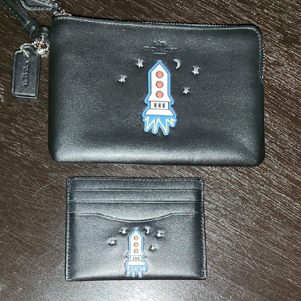Coach NASA Black Leather Pouch and Card Holder with Rocket Design
